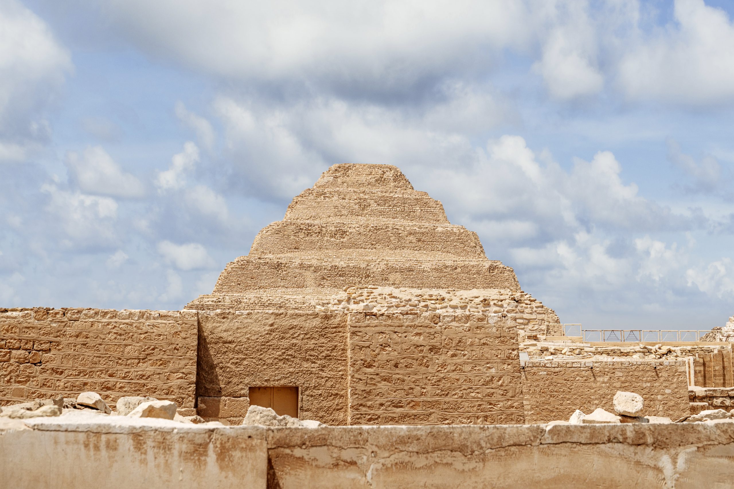 The step pyramid at Saqqara is the oldest surviving large stone building in the world. Built by the architect Imhotep in Saqqara for the burial of Pharaoh Djoser circa 2650 BC.